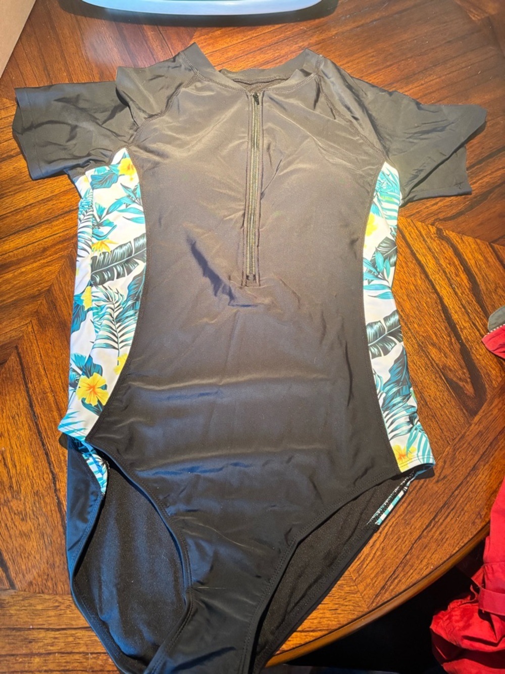 Younique Black Floral High Necked One Piece Swimsuit, Built in Bra Size L.  NWT!